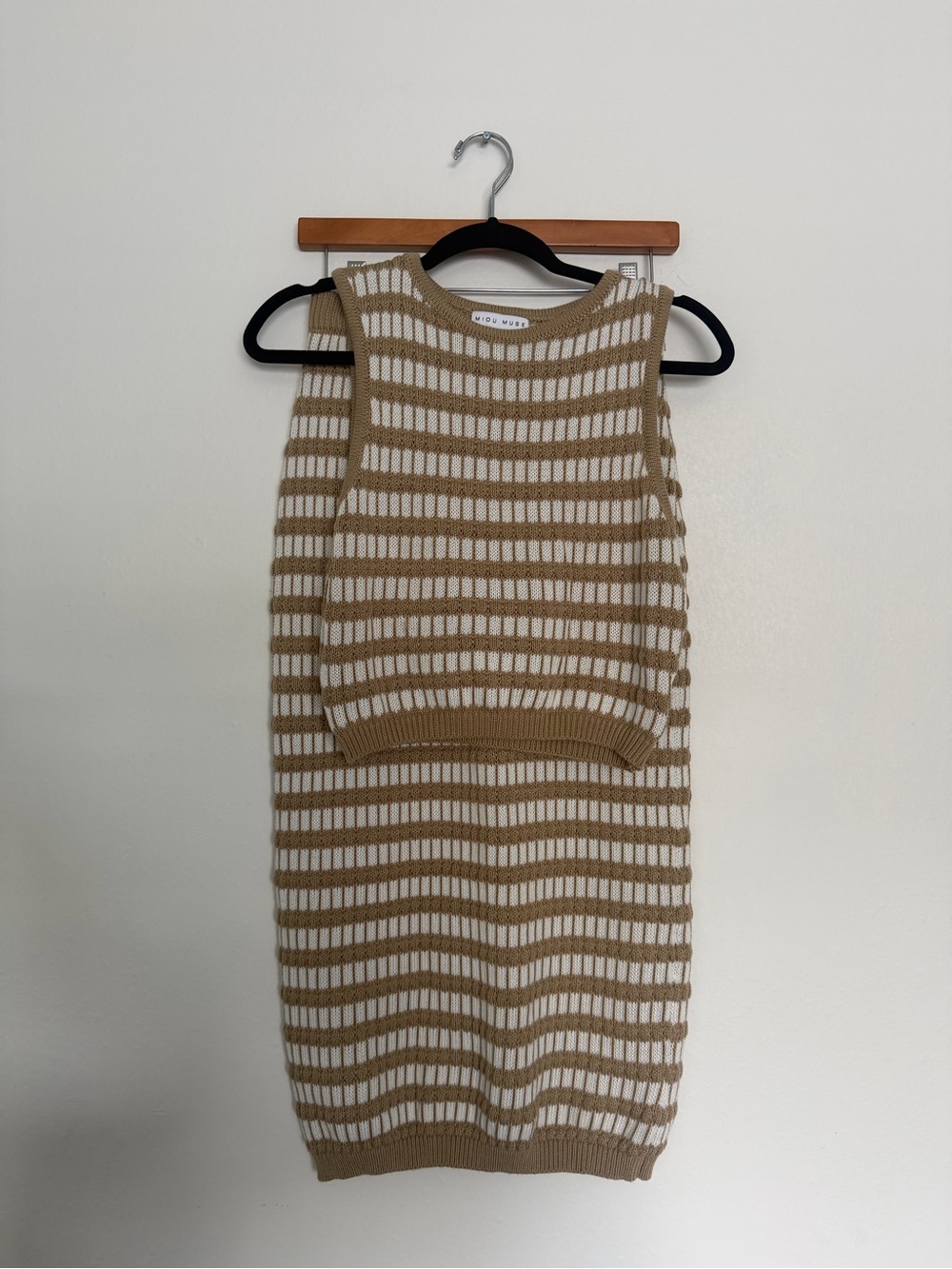 Miou Muse Beige and White Striped Knit Tank & Skirt Set